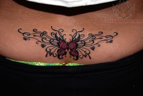 Red Butterfly Lower Back Tattoo